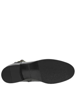Bottines en cuir noir à talon décroché bas et à zip, détails dorés