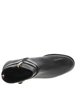 Bottines en cuir noir à talon décroché bas et à zip, détails dorés