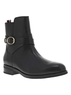 Bottines en cuir noir à talon décroché bas et à zip, détails dorés