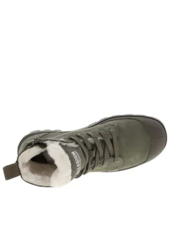 Bottines en cuir nubuck kaki à talon plat avec des lacets et un zip latéral