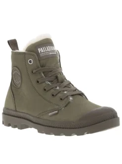 Bottines en cuir nubuck kaki à talon plat avec des lacets et un zip latéral