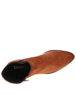 Bottines en cuir suède brique à semelle avant patinée, talon décroché haut et à zip latéraux