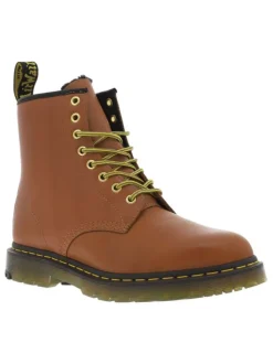 Bottines en cuir tan à talon décroché bas et à lacets ronds jaunes