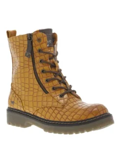 Bottines fourrées en simili cuir de croco jaune à semelle plate à talon décroché bas et à lacets et zip latéral