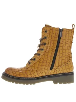 Bottines fourrées en simili cuir de croco jaune à semelle plate à talon décroché bas et à lacets et zip latéral