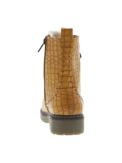 Bottines fourrées en simili cuir de croco jaune à semelle plate à talon décroché bas et à lacets et zip latéral