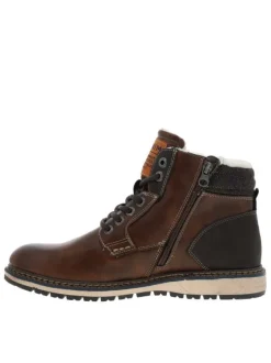 Bottines fourrées simili cuir marron à semelle baskets et à lacets enduis et zip