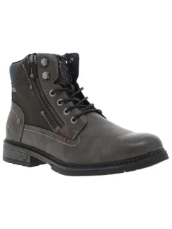 Bottines grises à talon décroché bas avec un logo embossé au talon