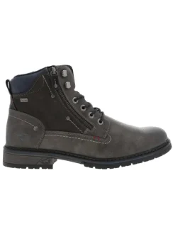 Bottines grises à talon décroché bas avec un logo embossé au talon