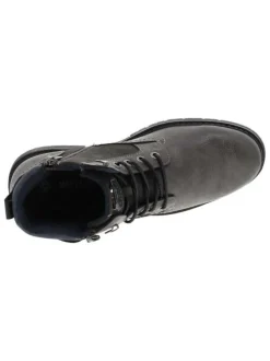 Bottines grises à talon décroché bas avec un logo embossé au talon