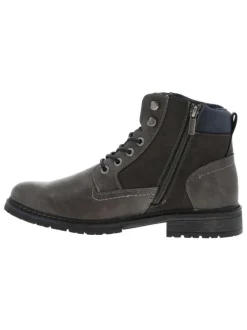 Bottines grises à talon décroché bas avec un logo embossé au talon