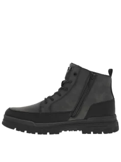 Bottines grises à talon plat pourvues d'une fermeture zippée et de lacets