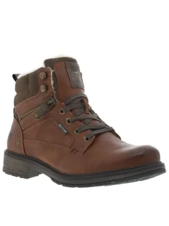 Bottines marron fourrées aspect laine à semelle plate à talon décroché bas et à lacets et zip latéral