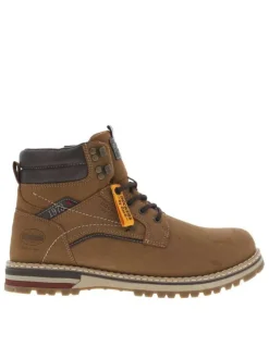 Bottines miel à talon plat avec un zip et des lacets ronds et logo embossé