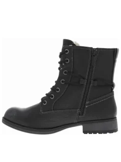 Bottines noires, fourrées, à talon gris décroché bas et à lacets et zip latéral