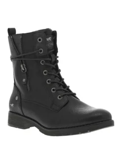 Bottines noires à talon décroché bas avec un zip et des lacets ronds