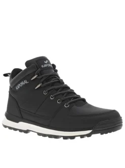 Bottines noires à talon plat avec semelle noire et blanche, logos et lacets gris