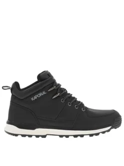 Bottines noires à talon plat avec semelle noire et blanche, logos et lacets gris