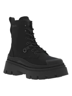Bottines noires à talon semi-compensé et à lacets ronds et zip latéral noirs