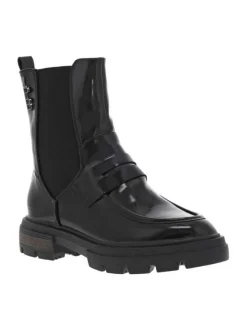 Bottines noires vernies avec bijou noir logotypé collé sur la tige