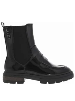 Bottines noires vernies avec bijou noir logotypé collé sur la tige