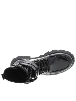 Bottines noires vernis à semelle crantée à talon plat et à zip