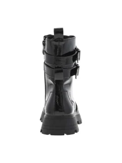 Bottines noires vernis à semelle crantée à talon plat et à zip