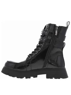 Bottines noires vernis à semelle crantée à talon plat et à zip
