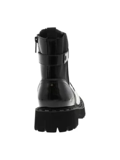 Bottines noires vernis à talon décroché bas avec des lacets plats et un zip