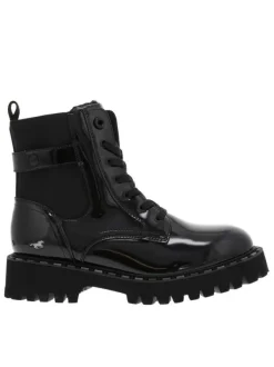 Bottines noires vernis à talon décroché bas avec des lacets plats et un zip
