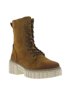 Bottines noisette avec nom de la marque embossé sur la semelle épaisse