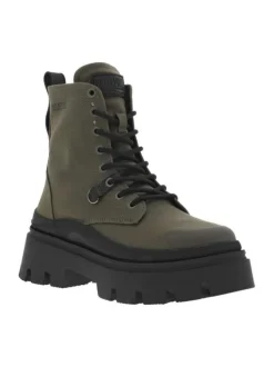 Bottines olive à talon semi-compensé et à lacets ronds et noirs et zip latéral
