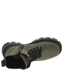 Bottines olive à talon semi-compensé et à lacets ronds et noirs et zip latéral