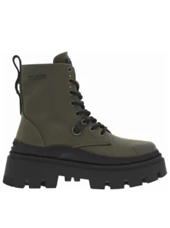 Bottines olive à talon semi-compensé et à lacets ronds et noirs et zip latéral