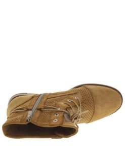 Bottines originales cognac perforées à talon plat avec lacets et zip latéral