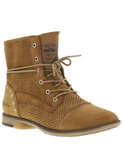 Bottines originales cognac perforées à talon plat avec lacets et zip latéral