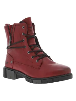 Bottines rouges à talon décroché bas avec un zip et des lacets ronds