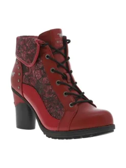Bottines rouges à talon décroché haut avec un zip et des lacets ronds