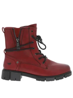Bottines rouge à talon décroché bas et à zip et lacets ronds avec logo