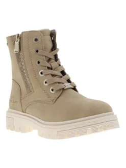 Bottines taupe fourrées à semelle plate à talon décroché bas et à lacets et zip latéral