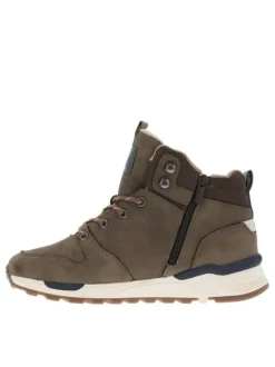 Bottines taupe plates, à zip et lacets ronds marque intégrée dans le quartier