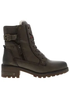 Bottines taupe à talon décroché bas avec des lacets plats et un zip