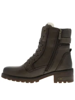Bottines taupe à talon décroché bas avec des lacets plats et un zip