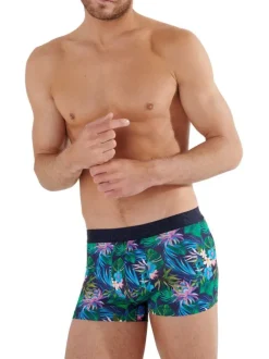 Boxer court marine imprimé avec une coupe fermée et une taille élastiquée