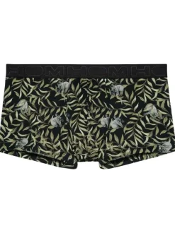 Boxer court noir avec un imprimé jungle et une coupe fermée