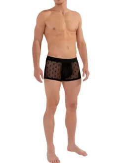 Boxer court noir en dentelle avec motifs têtes de mort brodés