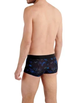 Boxer court noir imprimé avec une taille élastiquée et une coupe fermée