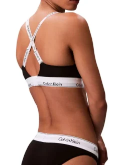 Brassière en coton mélangé noire unie avec bretelles blanches ajustables