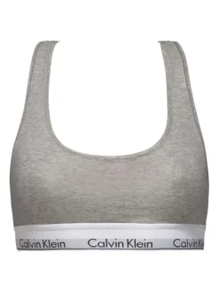 Brassière grise unie avec des surpiqûres ton sur ton et nom de la marque