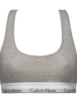 Brassière grise unie avec des surpiqûres ton sur ton et nom de la marque